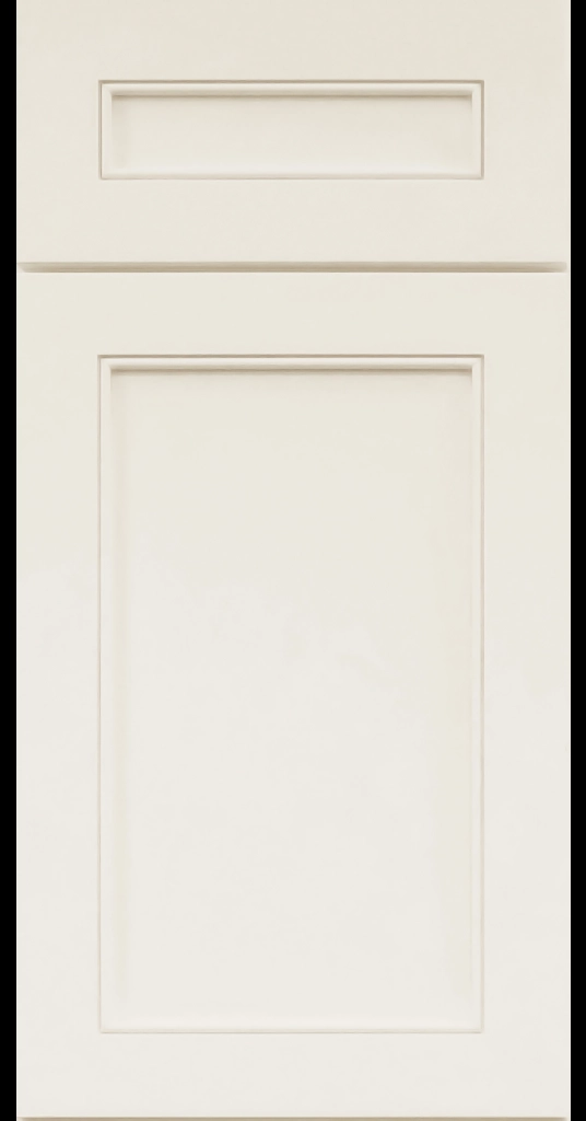 Alpine-style mitered shaker cabinet in Canvas with a flat center panel and inside bead detail.